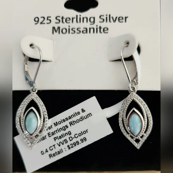 Genuine Larimar & D-VVS Moissanite Earrings - Picture 2 of 3